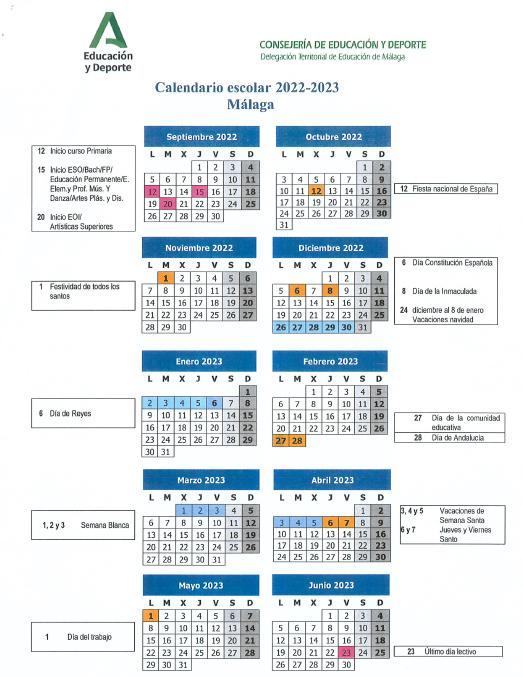 Calendario Escolar Del Curso 202223 Residencia Escolar Coín 